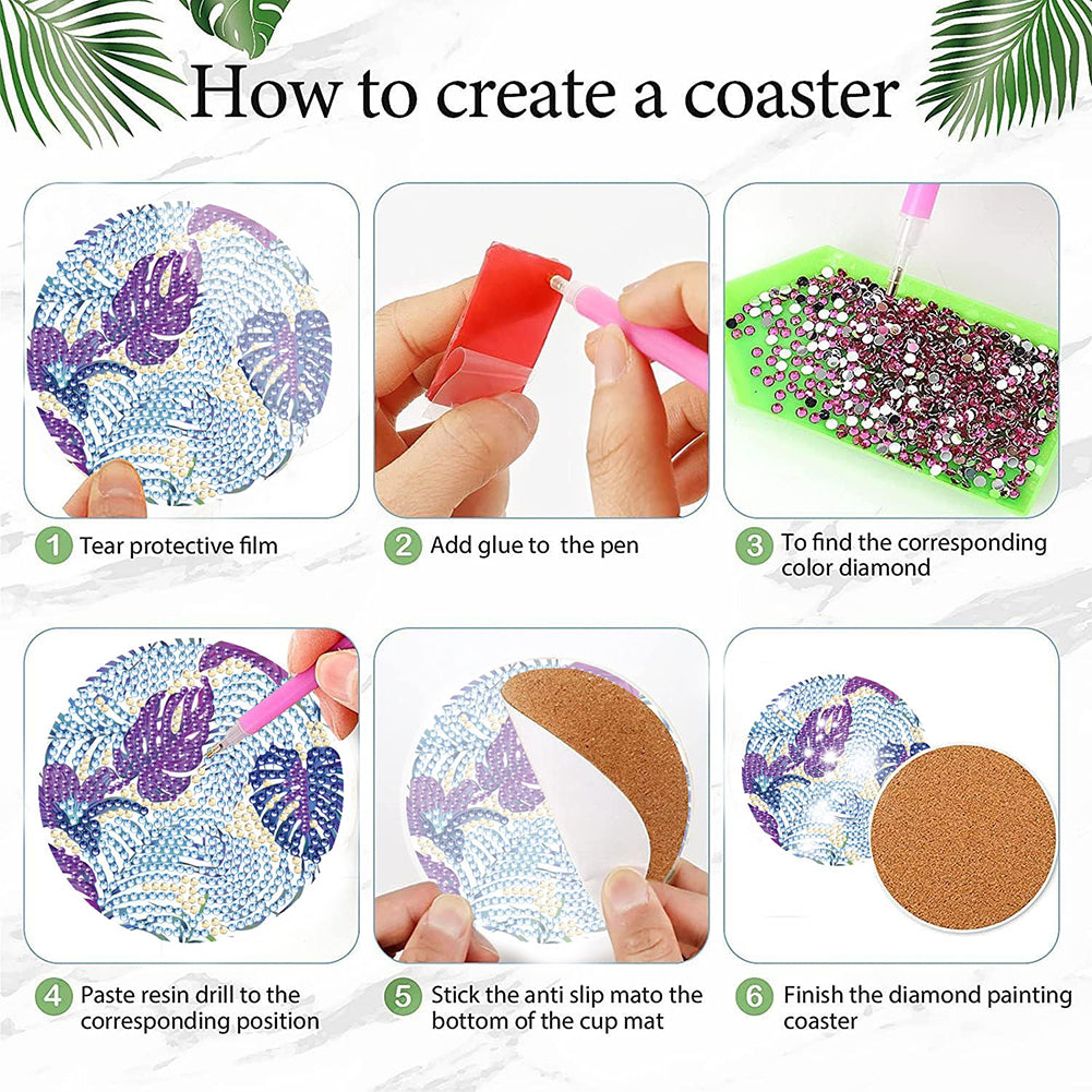 8Pcs Wooden Leaves 5D Diamond Painting Kits Diamond Art Coasters for Party Decor