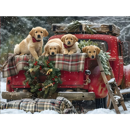 Diamond Painting - Full Round - Christmas Car and Puppy (40*30CM)