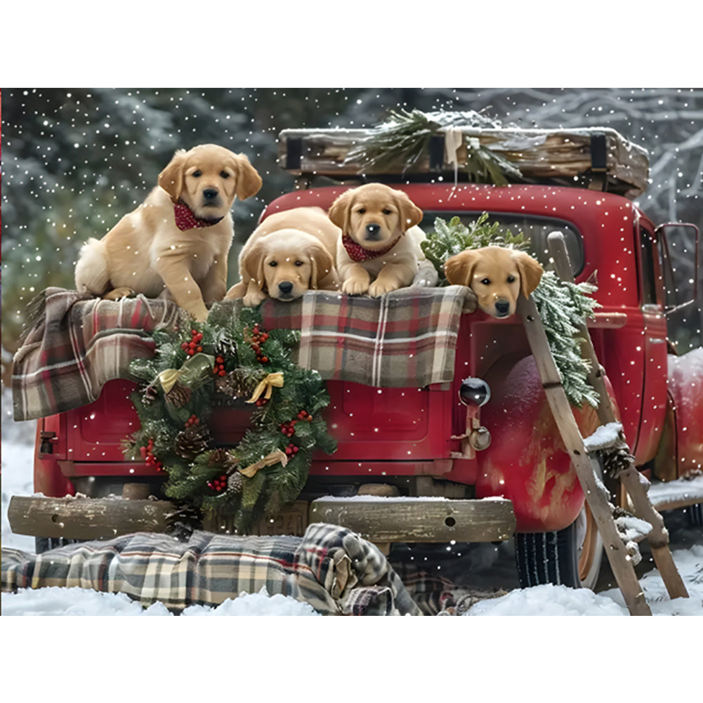 Diamond Painting - Full Round - Christmas Car and Puppy (40*30CM)