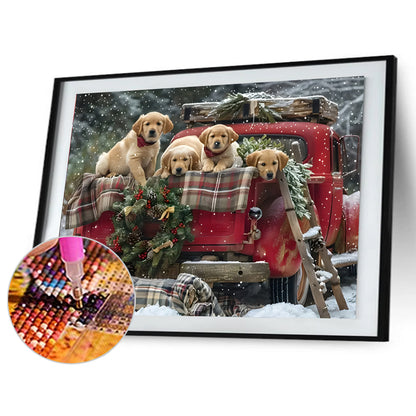 Diamond Painting - Full Round - Christmas Car and Puppy (40*30CM)