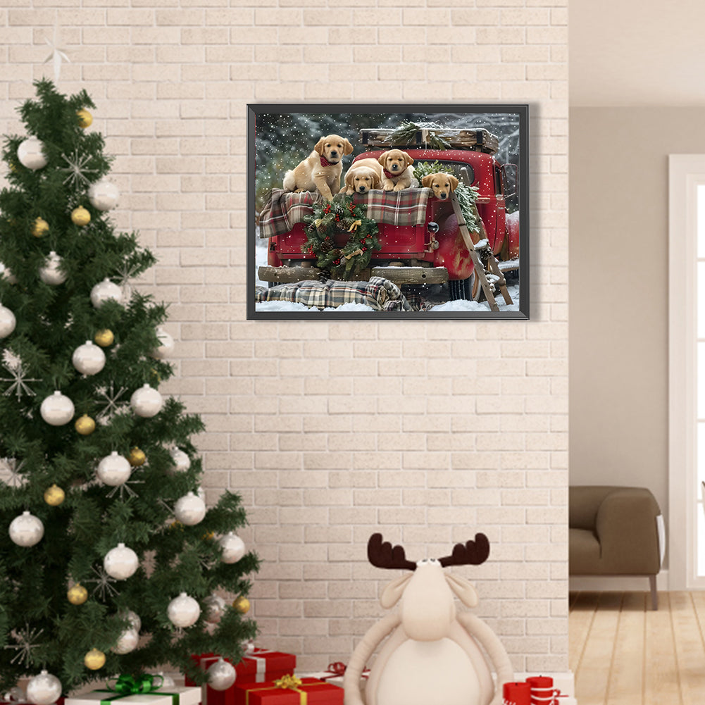 Diamond Painting - Full Round - Christmas Car and Puppy (40*30CM)