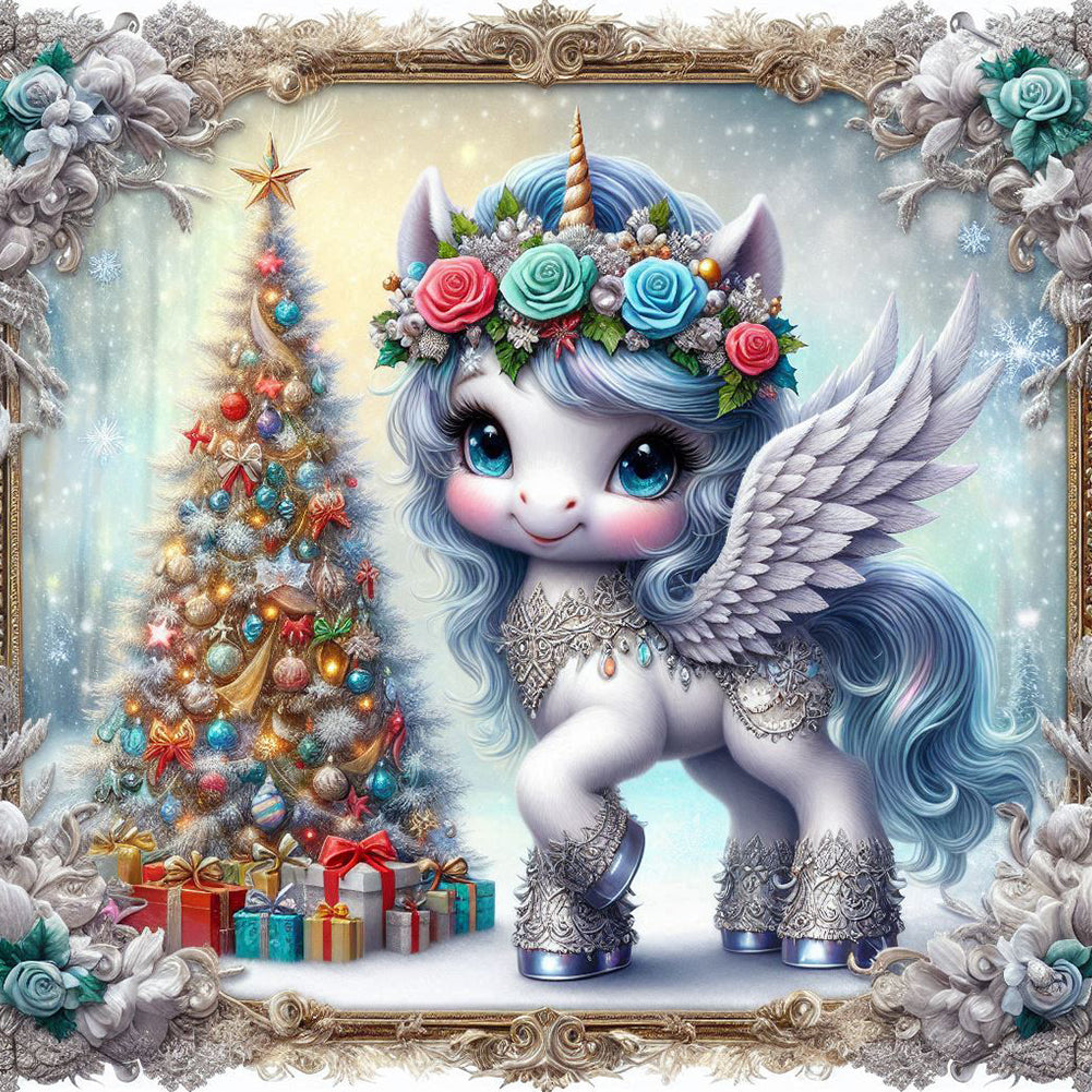 Diamond Painting - Full Round - Christmas Tree Blue Hair Unicorn (40*40CM)