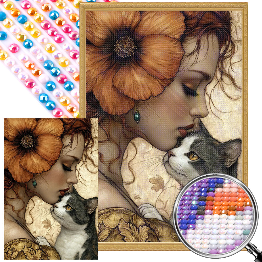 AB Diamond Painting - Full Round - Girl and cat (40*60CM)