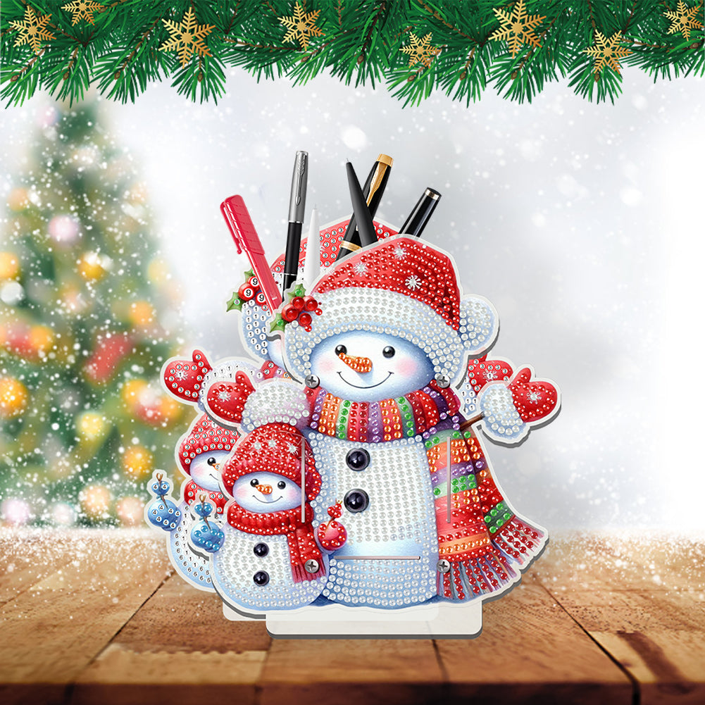 Acrylic Special Shape Double Side Snowman Rhinestones Pencil Organizer for Girls