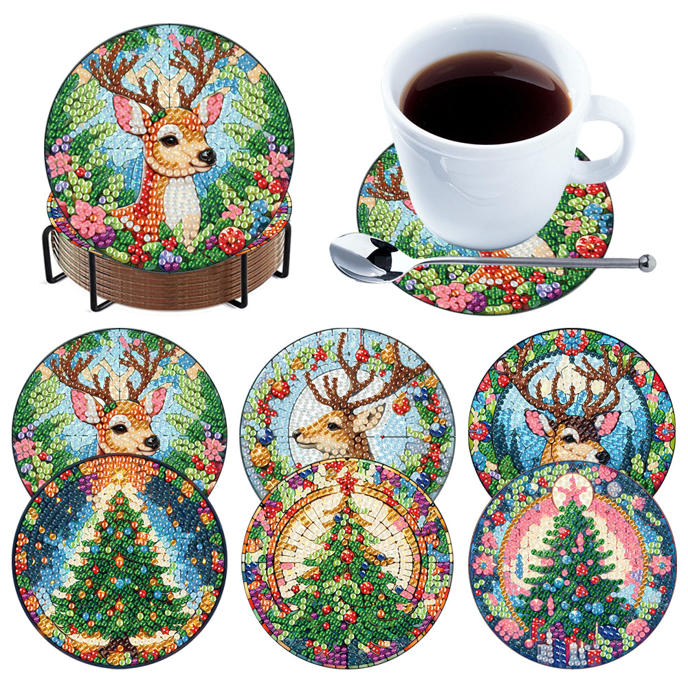 6Pcs Wooden Christmas Animals Diamond Painting Coasters 5D Diamond Painting Kits