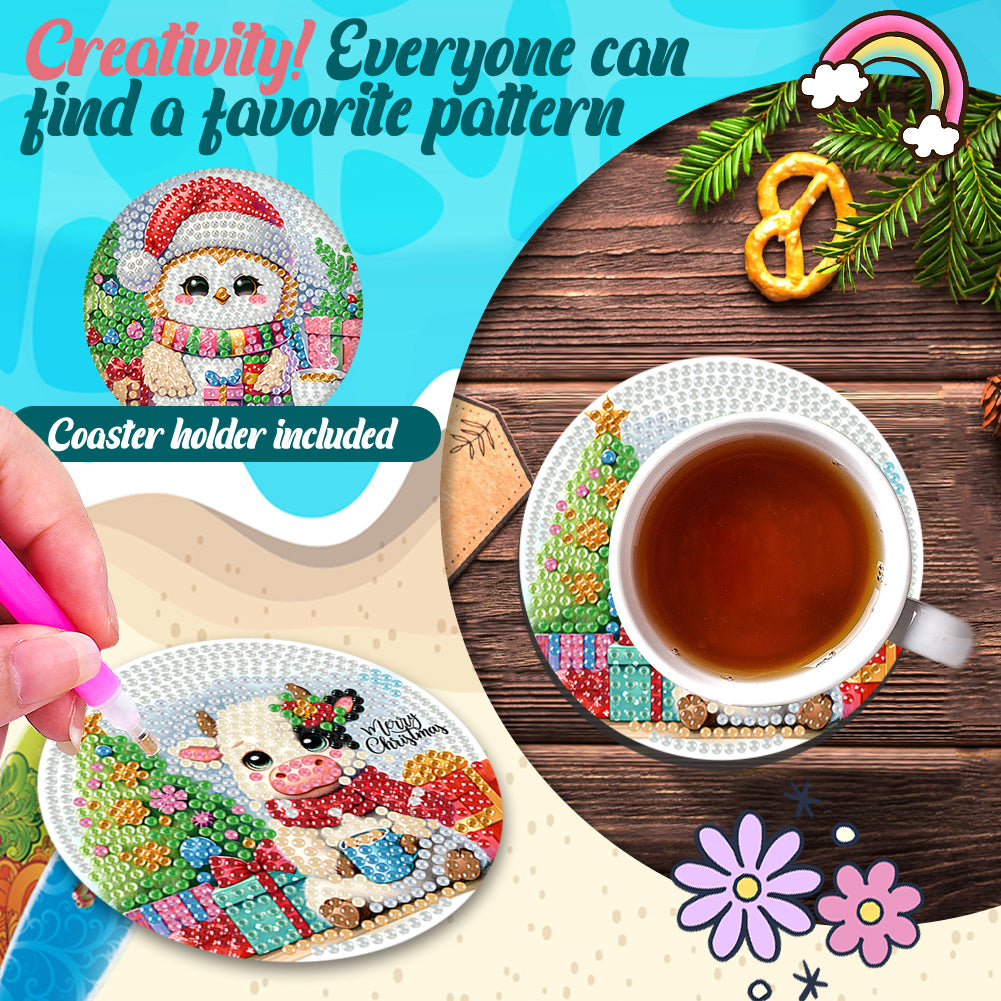 6Pcs Wooden Christmas Animals Diamond Painting Coasters 5D Diamond Painting Kits