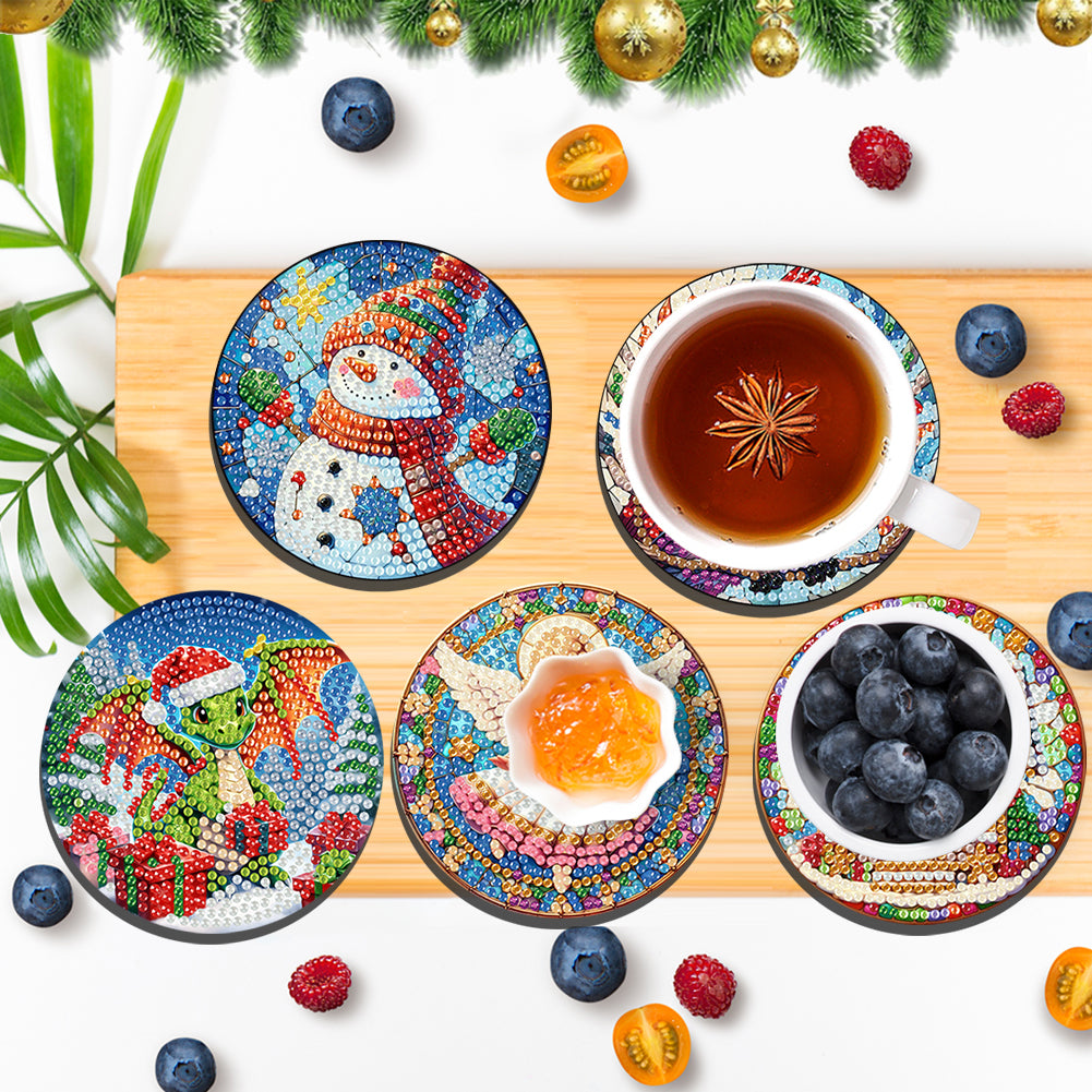 6Pcs Wooden Christmas Animals Diamond Painting Coasters 5D Diamond Painting Kits