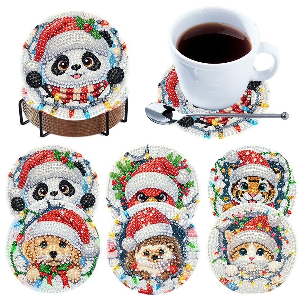 6Pcs Wooden Christmas Animals Diamond Painting Coasters 5D Diamond Painting Kits