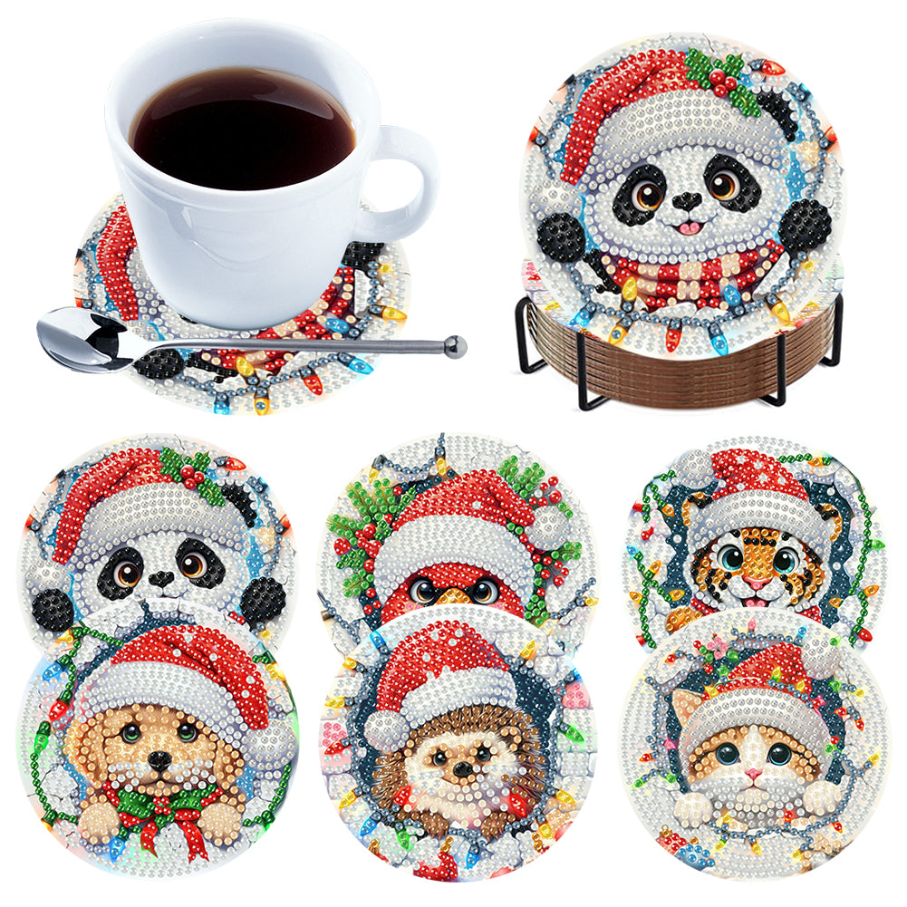 6Pcs Wooden Christmas Animals Diamond Painting Coasters 5D Diamond Painting Kits