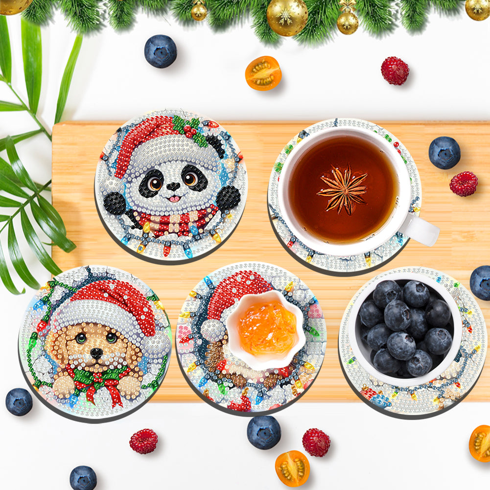 6Pcs Wooden Christmas Animals Diamond Painting Coasters 5D Diamond Painting Kits