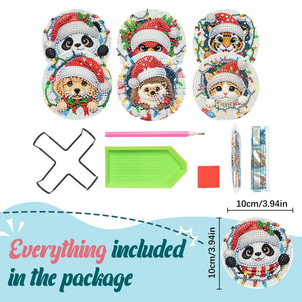 6Pcs Wooden Christmas Animals Diamond Painting Coasters 5D Diamond Painting Kits
