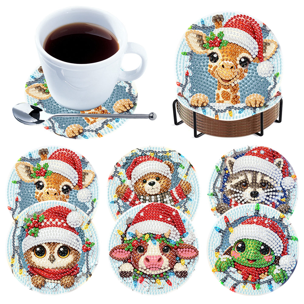 6Pcs Wooden Christmas Animals Diamond Painting Coasters 5D Diamond Painting Kits
