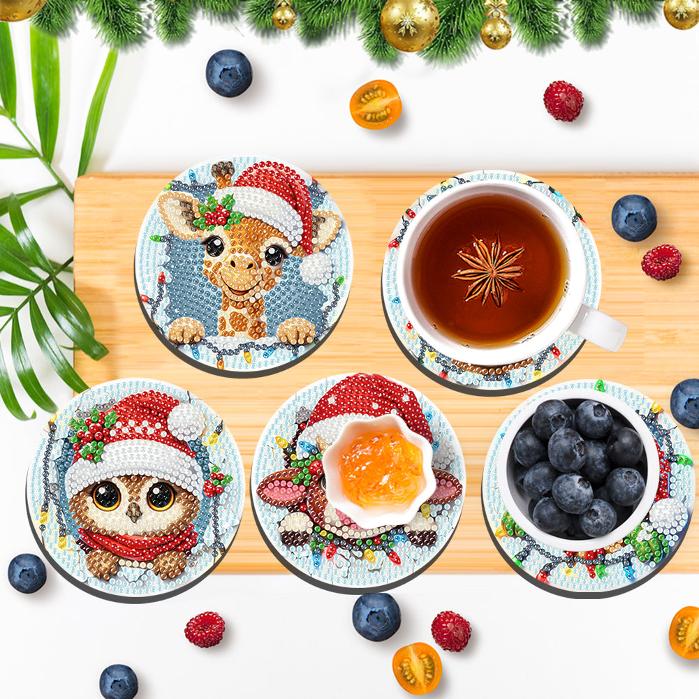6Pcs Wooden Christmas Animals Diamond Painting Coasters 5D Diamond Painting Kits