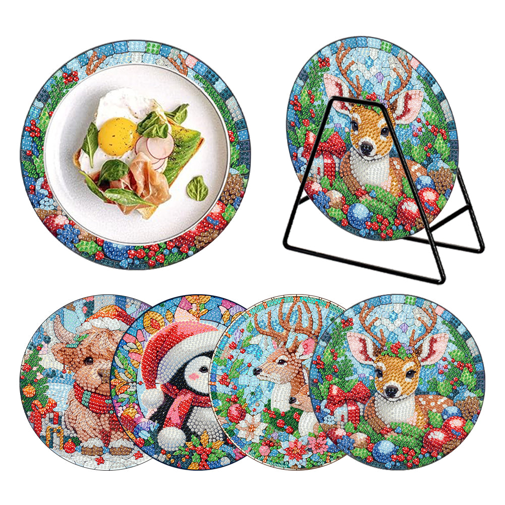 Acrylic Christmas Animals DIY Diamond Dot Kits Round Diamond Painting Table Mats