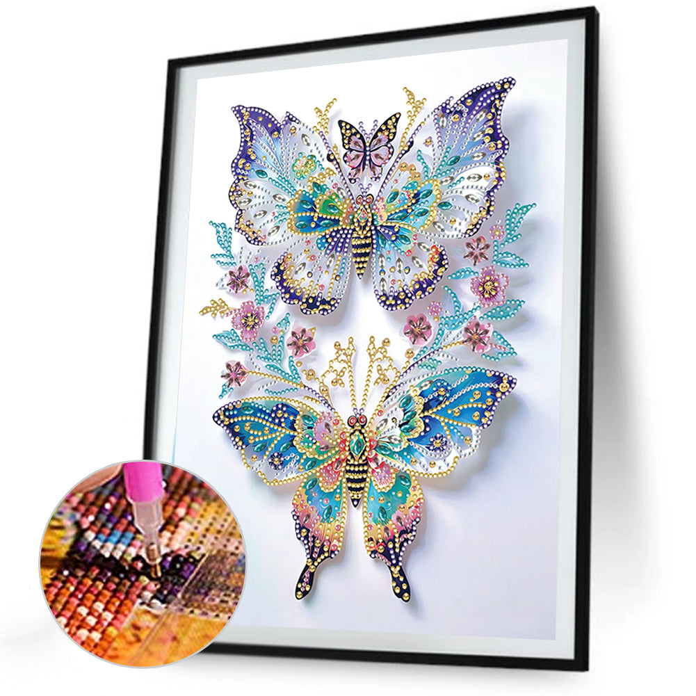 Diamond Painting - Partial Special Shaped - Pink flowers and two butterflies (30*40CM)