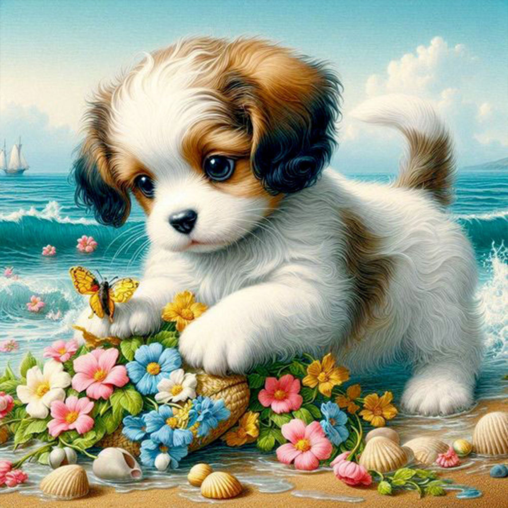 Diamond Painting - Full Round - Flowers and puppies on the beach (30*30CM)