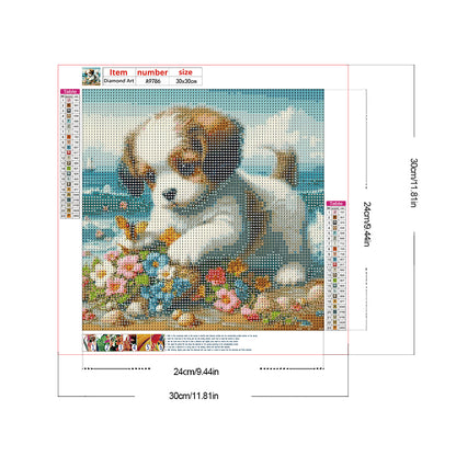 Diamond Painting - Full Round - Flowers and puppies on the beach (30*30CM)
