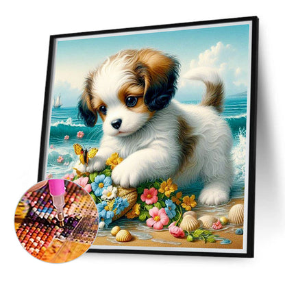 Diamond Painting - Full Round - Flowers and puppies on the beach (30*30CM)