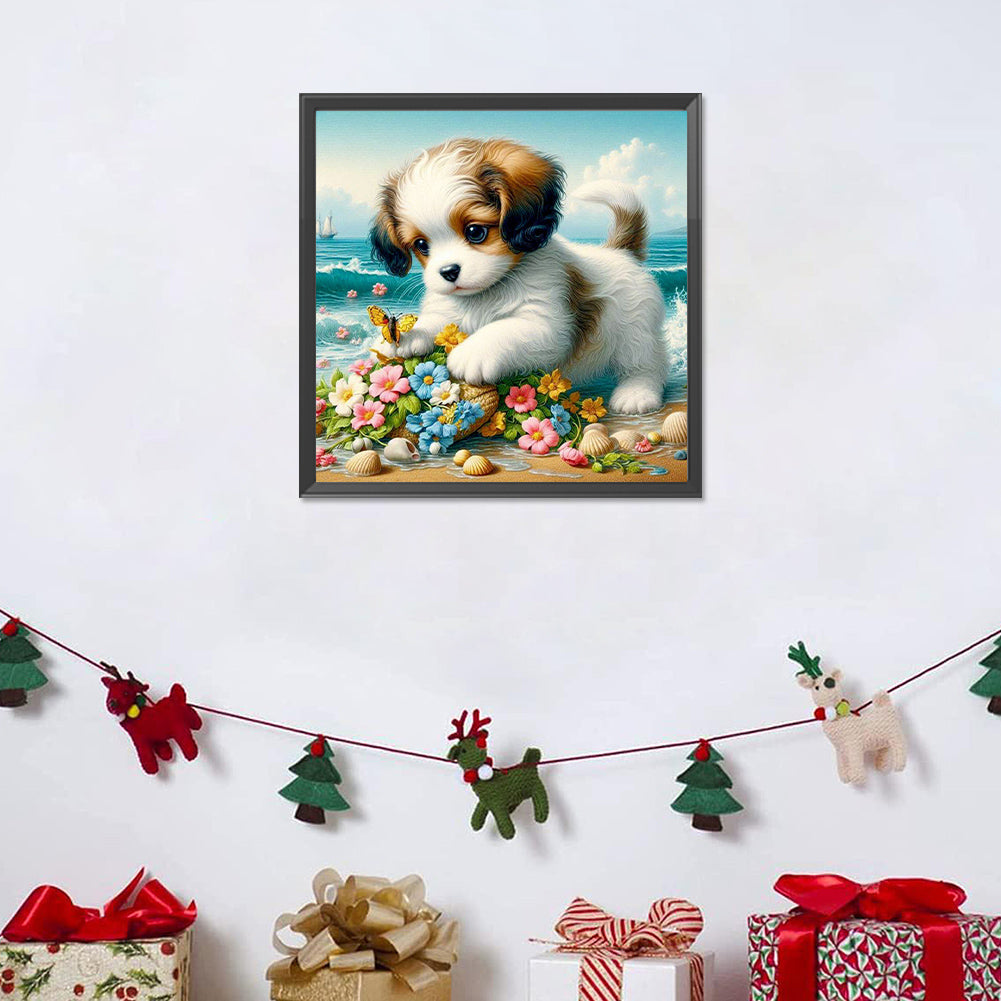 Diamond Painting - Full Round - Flowers and puppies on the beach (30*30CM)