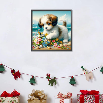 Diamond Painting - Full Round - Flowers and puppies on the beach (30*30CM)