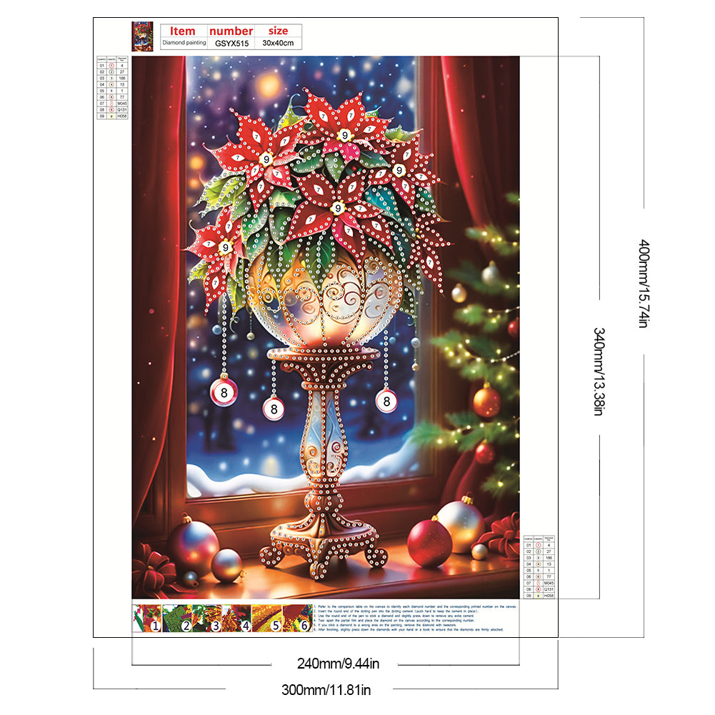 Diamond Painting - Partial Special Shaped - Christmas atmosphere windowsill red flowers (30*40CM)