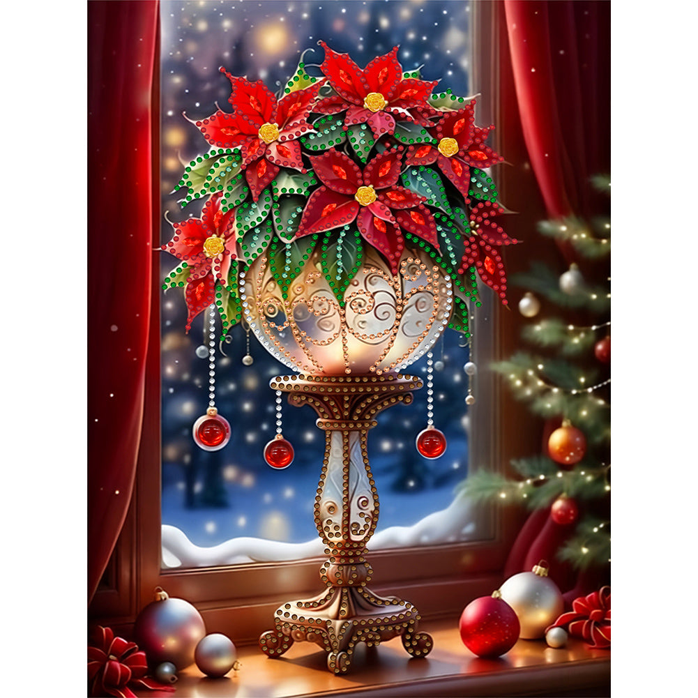 Diamond Painting - Partial Special Shaped - Christmas atmosphere windowsill red flowers (30*40CM)