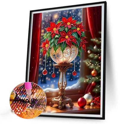 Diamond Painting - Partial Special Shaped - Christmas atmosphere windowsill red flowers (30*40CM)