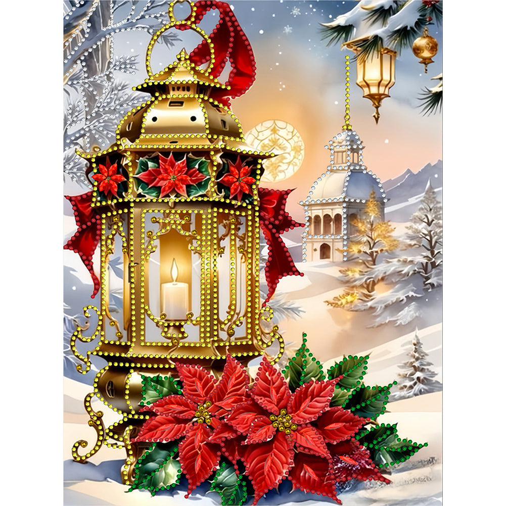 Diamond Painting - Partial Special Shaped - Christmas atmosphere street lamp red flowers (30*40CM)