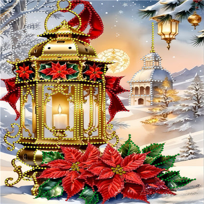 Diamond Painting - Partial Special Shaped - Christmas atmosphere street lamp red flowers (30*40CM)
