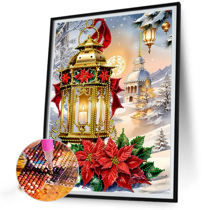 Diamond Painting - Partial Special Shaped - Christmas atmosphere street lamp red flowers (30*40CM)