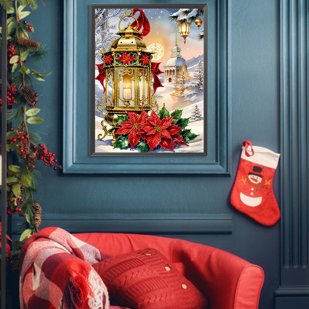 Diamond Painting - Partial Special Shaped - Christmas atmosphere street lamp red flowers (30*40CM)