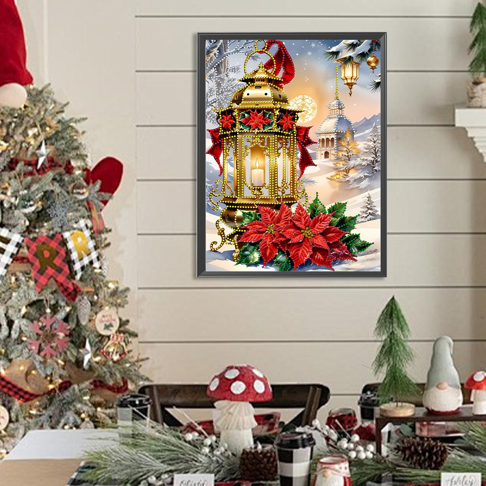 Diamond Painting - Partial Special Shaped - Christmas atmosphere street lamp red flowers (30*40CM)