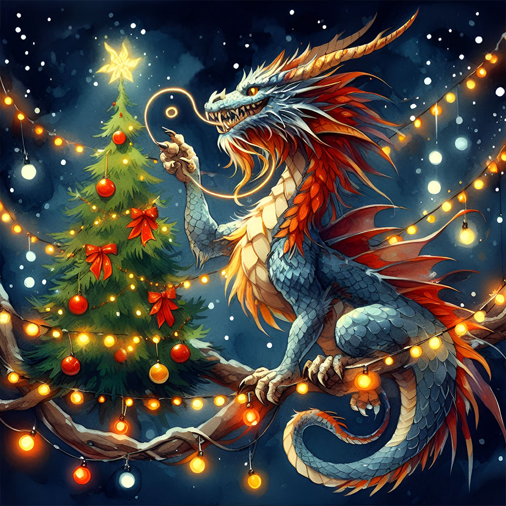 Diamond Painting - Full Round - Dragon and Christmas tree (40*40CM)