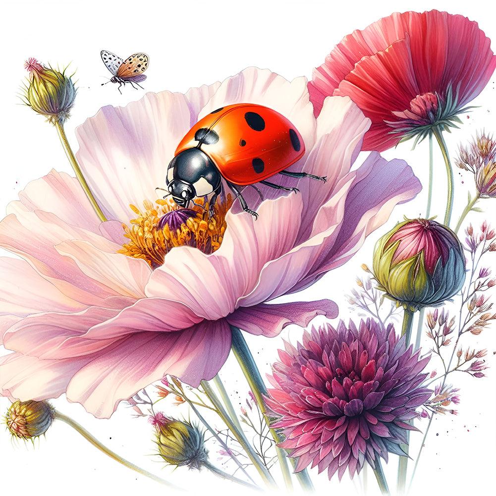 Diamond Painting - Full Round - Flowers and ladybugs (30*30CM)
