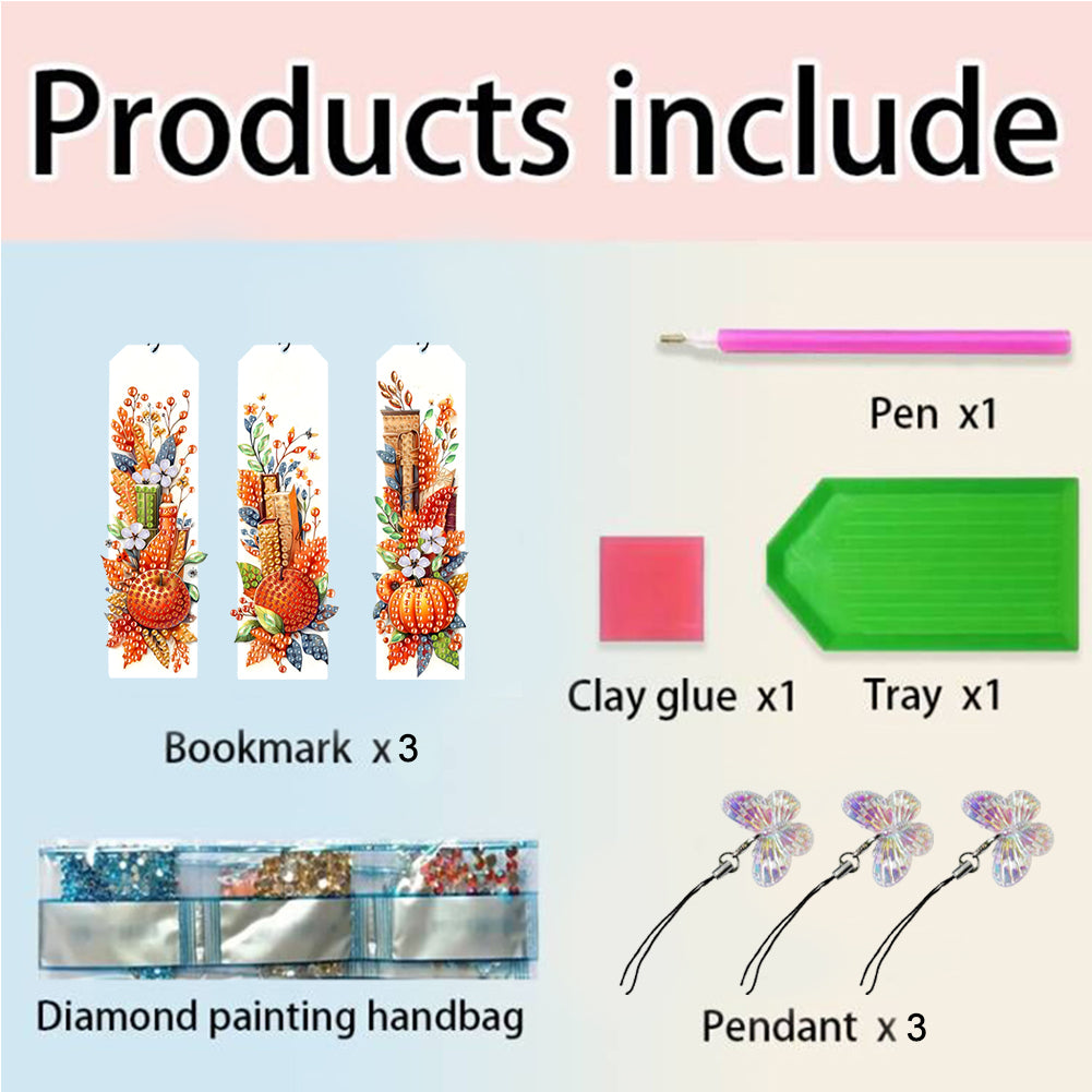 3Pcs Special Shape Book Pumpkin 5D DIY Diamond Painting Bookmark for Book Lovers
