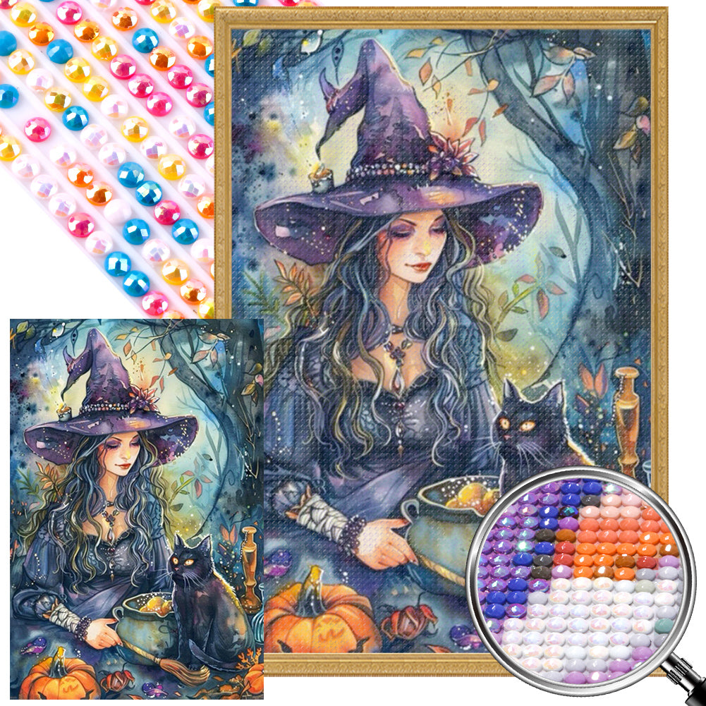 AB Diamond Painting - Full Round - Witch and black cat (40*60CM)