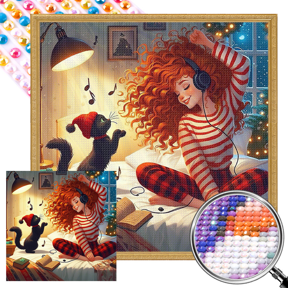 AB Diamond Painting - Full Round - Girl and black cat (40*40CM)