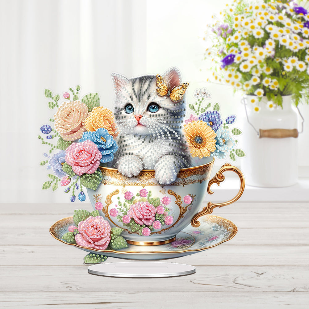 Acrylic Special Shape Cat Desktop Diamond Art Kits Rhinestones Desktop Ornaments