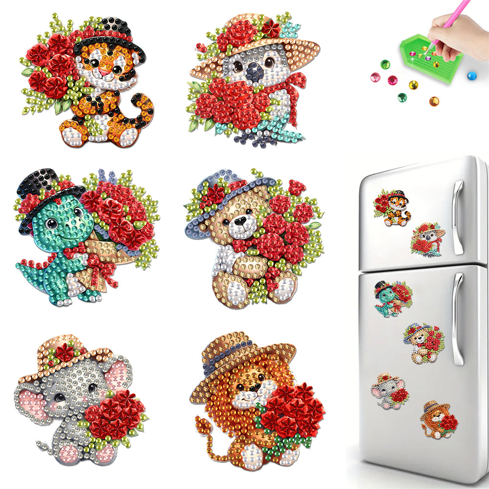 6Pcs Acrylic Animals And Flowers Diamond Art Fridge Magnet for Car Mailbox Decor