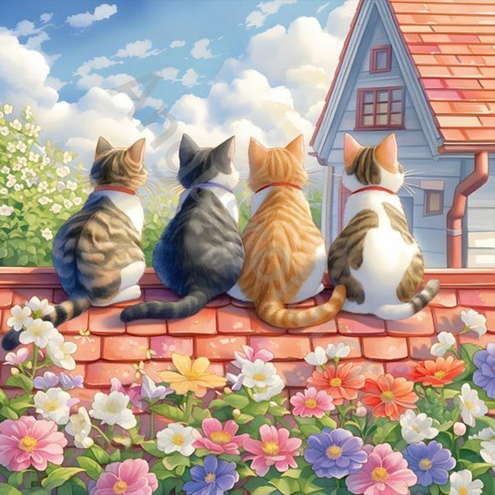 Diamond Painting - Full Round - House with four cats background (30*30CM)