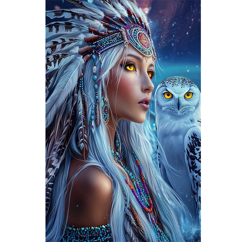 Diamond Painting - Full Round - Indian woman white owl (40*60CM)