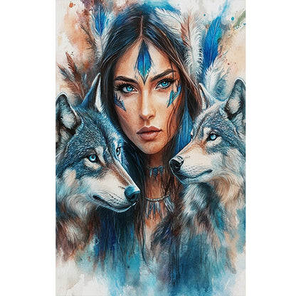 Diamond Painting - Full Round - Indian woman double wolf (40*60CM)