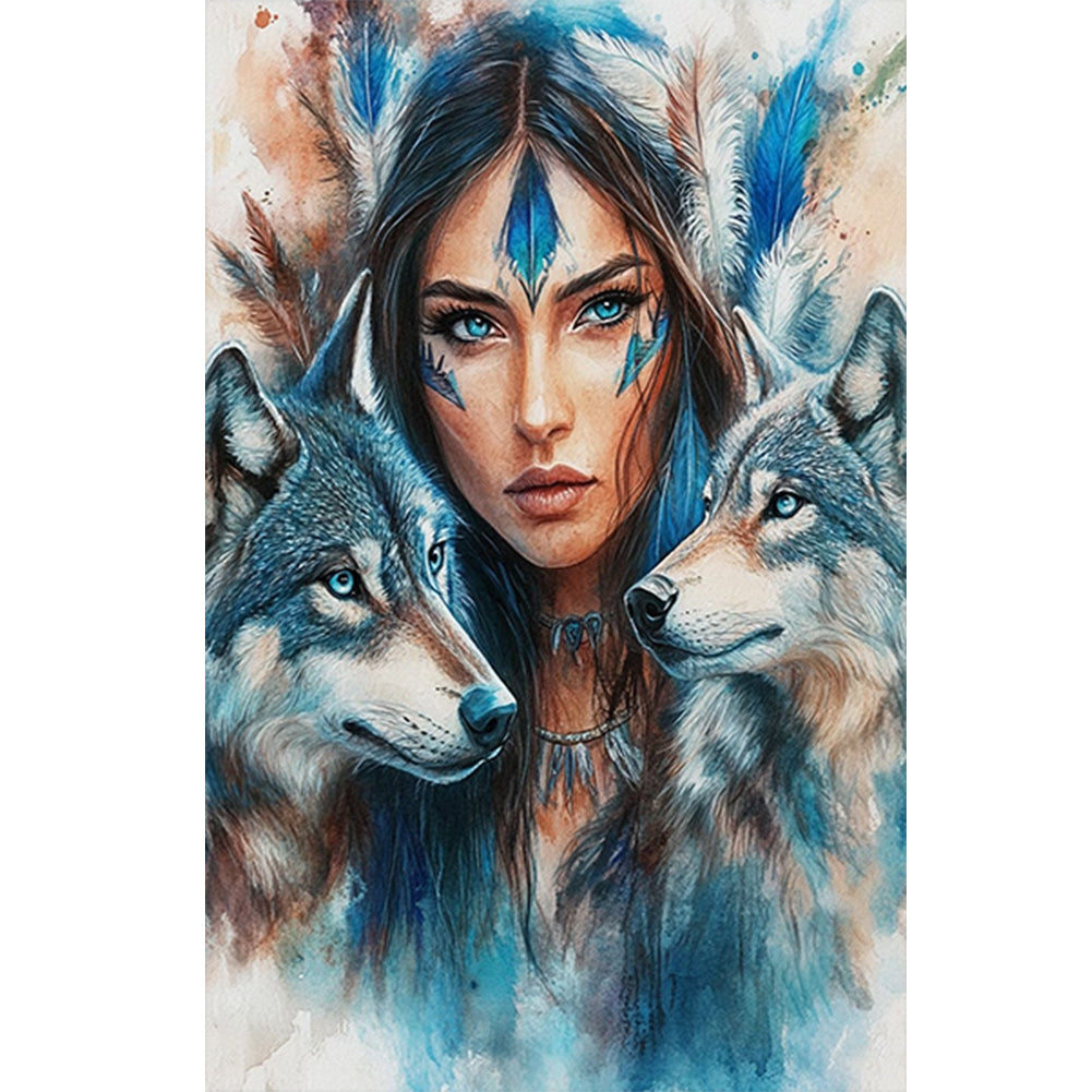 Diamond Painting - Full Round - Indian woman double wolf (40*60CM)