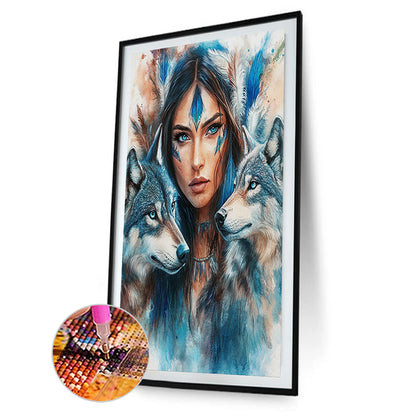 Diamond Painting - Full Round - Indian woman double wolf (40*60CM)