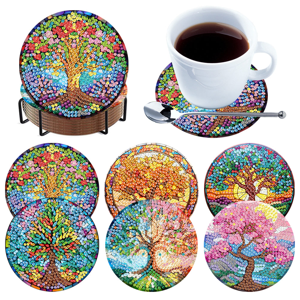 6Pcs Wooden Tree Of Life DIY Coaster Diamond Dot Kits Round Diamond Art Coasters