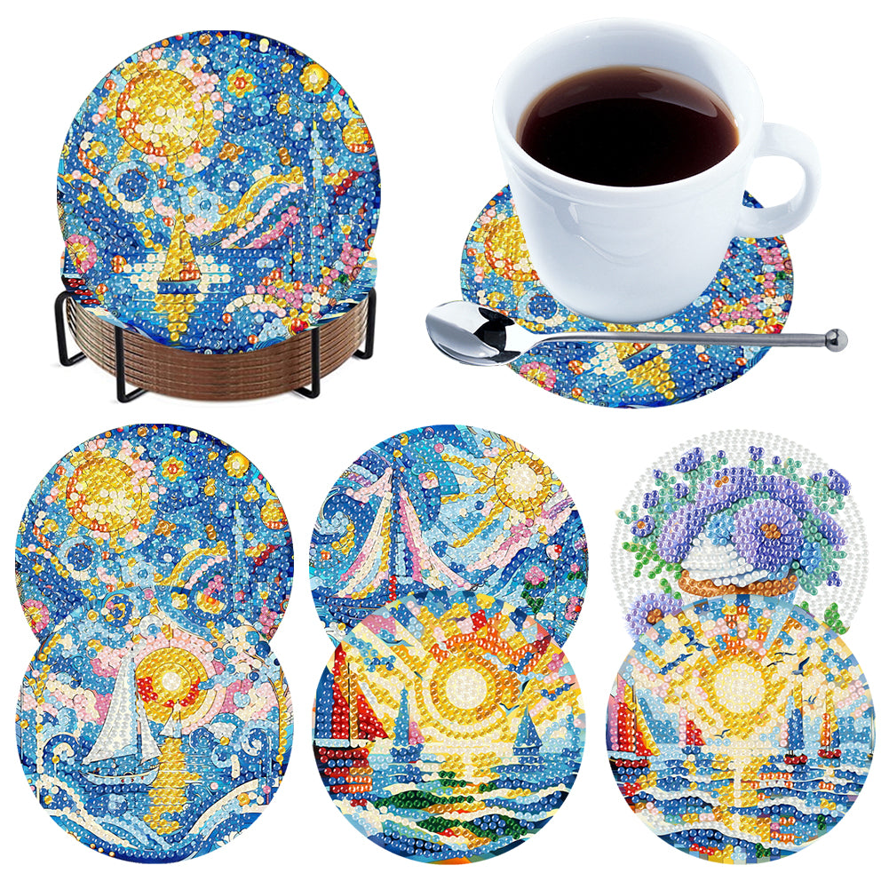 6Pcs Wooden Tree Of Life DIY Coaster Diamond Dot Kits Round Diamond Art Coasters