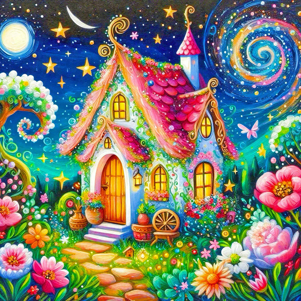 Diamond Painting - Full Round - House and flowers under the starry sky (55*55CM)