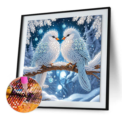 Diamond Painting - Partial Special Shaped - Bird on branch in winter snow (30*30CM)