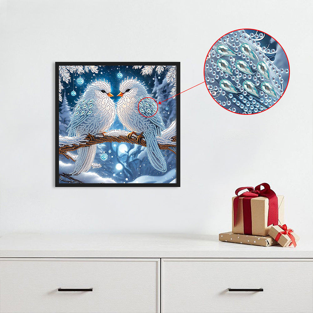 Diamond Painting - Partial Special Shaped - Bird on branch in winter snow (30*30CM)