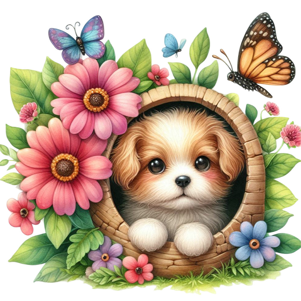 Diamond Painting - Full Round - Dog and flowers (30*30CM)
